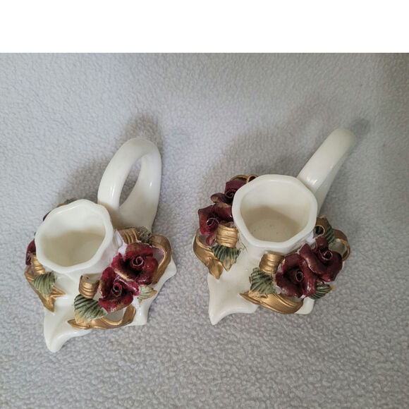 Set 2 Fall Maple Leaf Candle Stick Holder Roses Vintage Ceramic - Picture 3 of 11